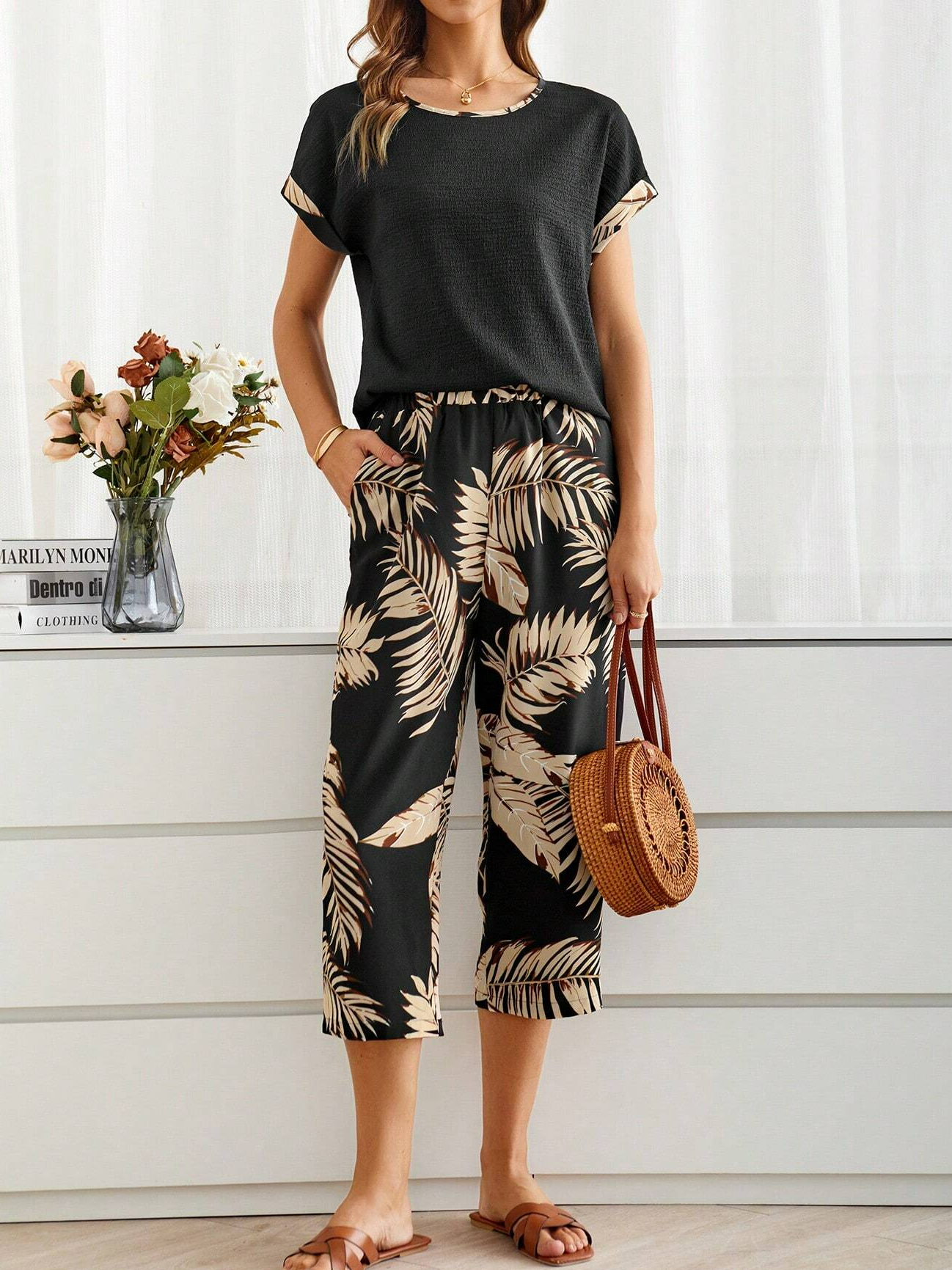 Loose Crew Neck Palm Leaf Casual Two-Piece Set