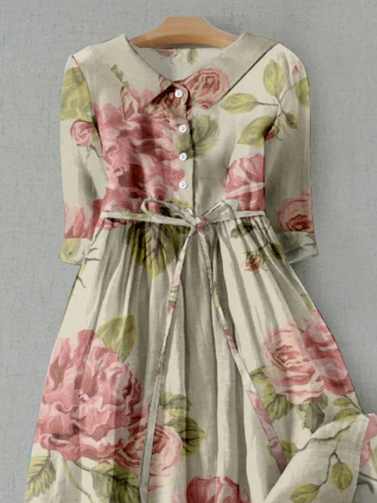 Loose Shirt Collar Vacation Floral Linen Style Dress With Belt