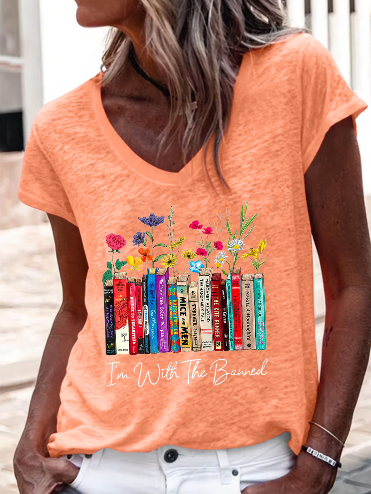 Women's I'm With The Banned Flowers Book Lover Gift Regular Fit V Neck Floral Casual T-Shirt