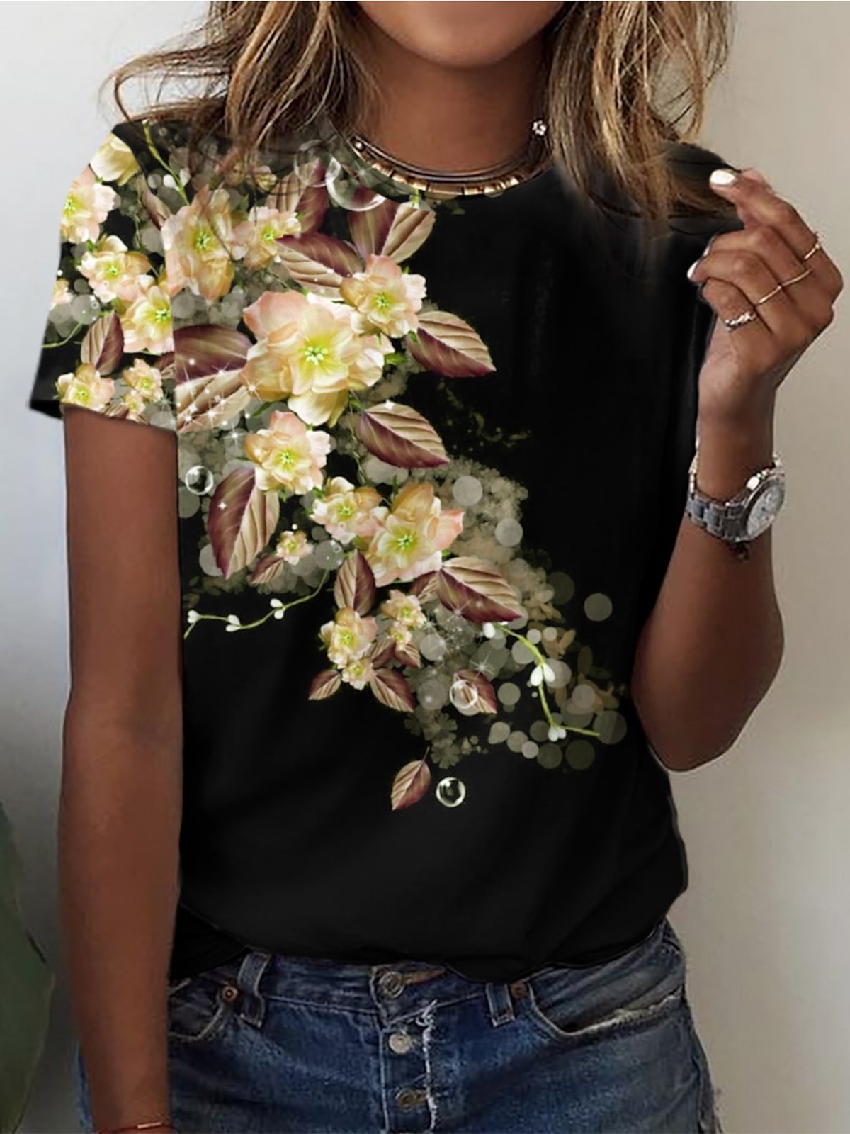 Casual Loose Floral Cotton-Blend T-Shirt