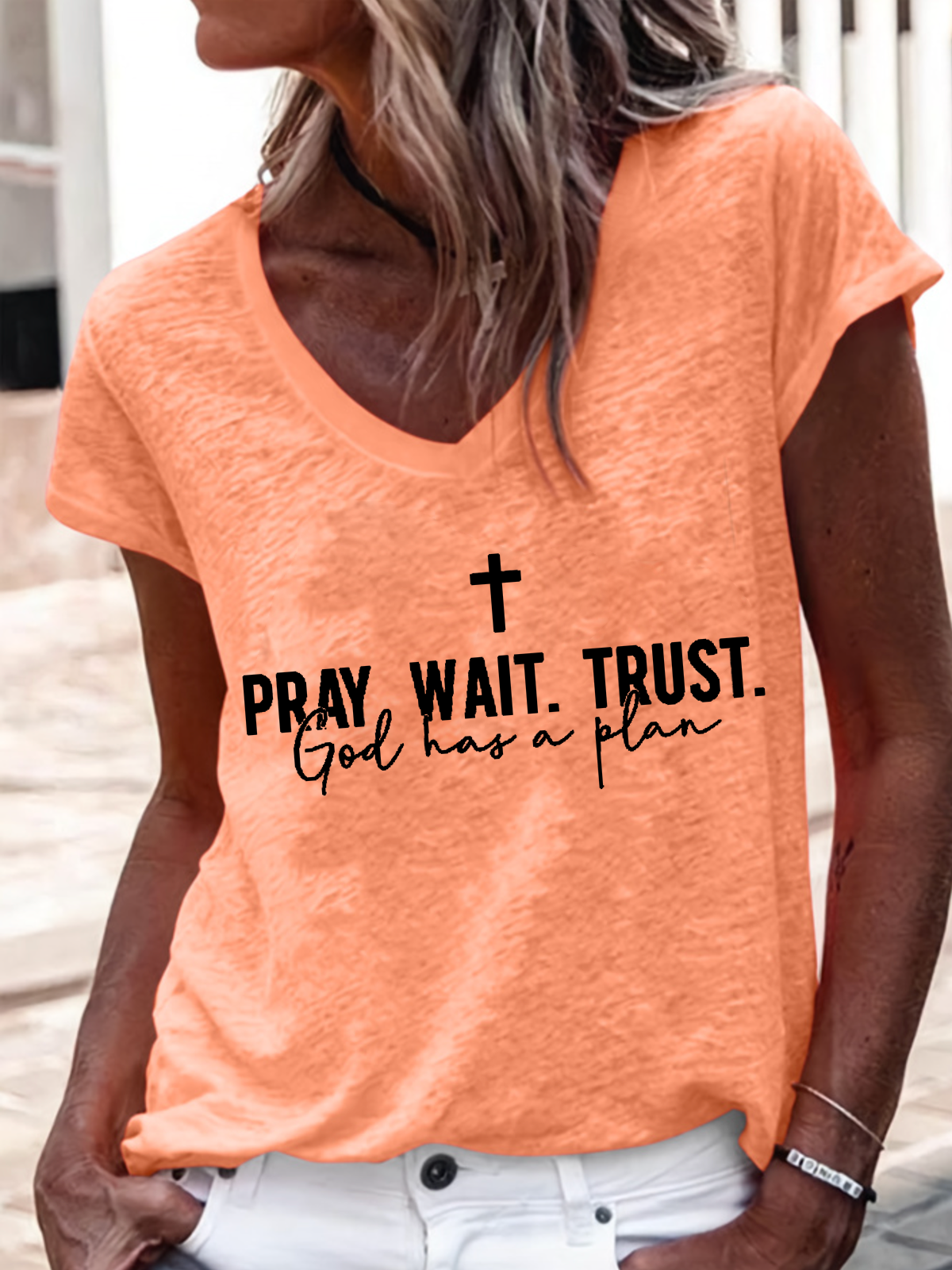 Women's Pray Wait Trust V Neck Casual Regular Fit T-Shirt