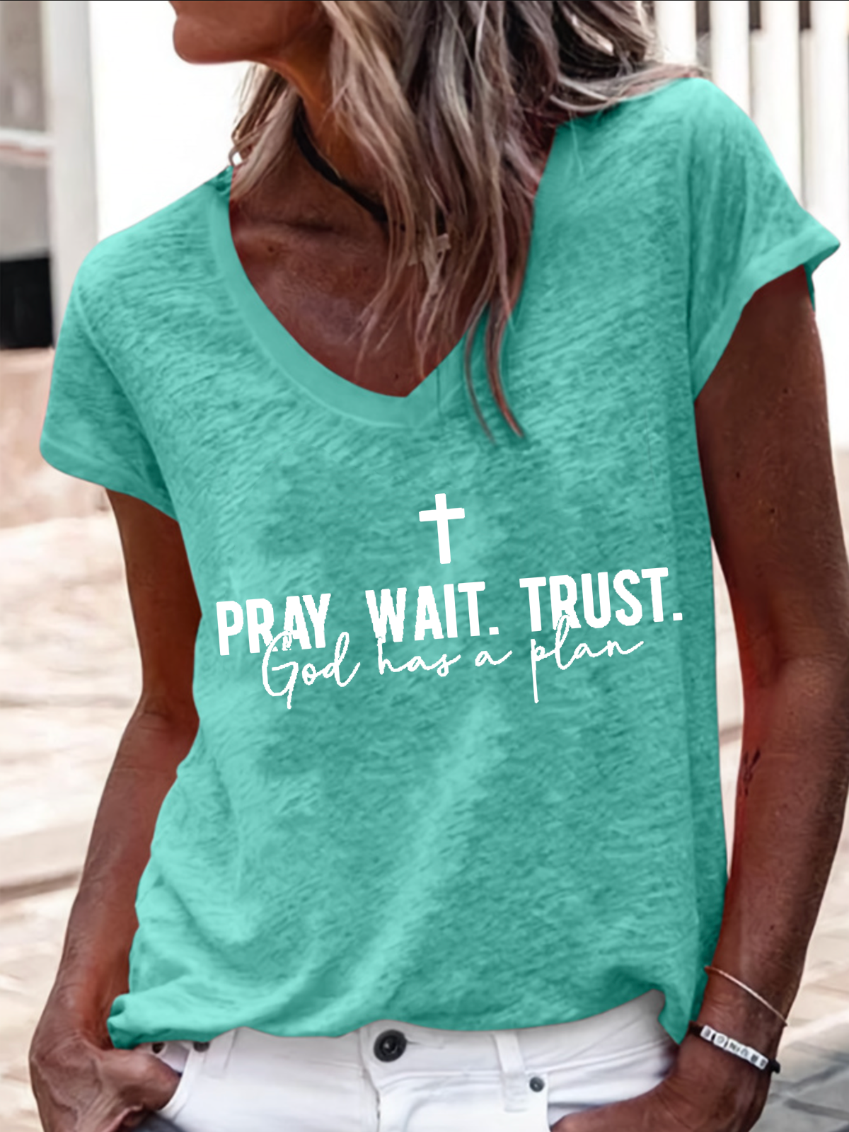 Women's Pray Wait Trust V Neck Casual Regular Fit T-Shirt