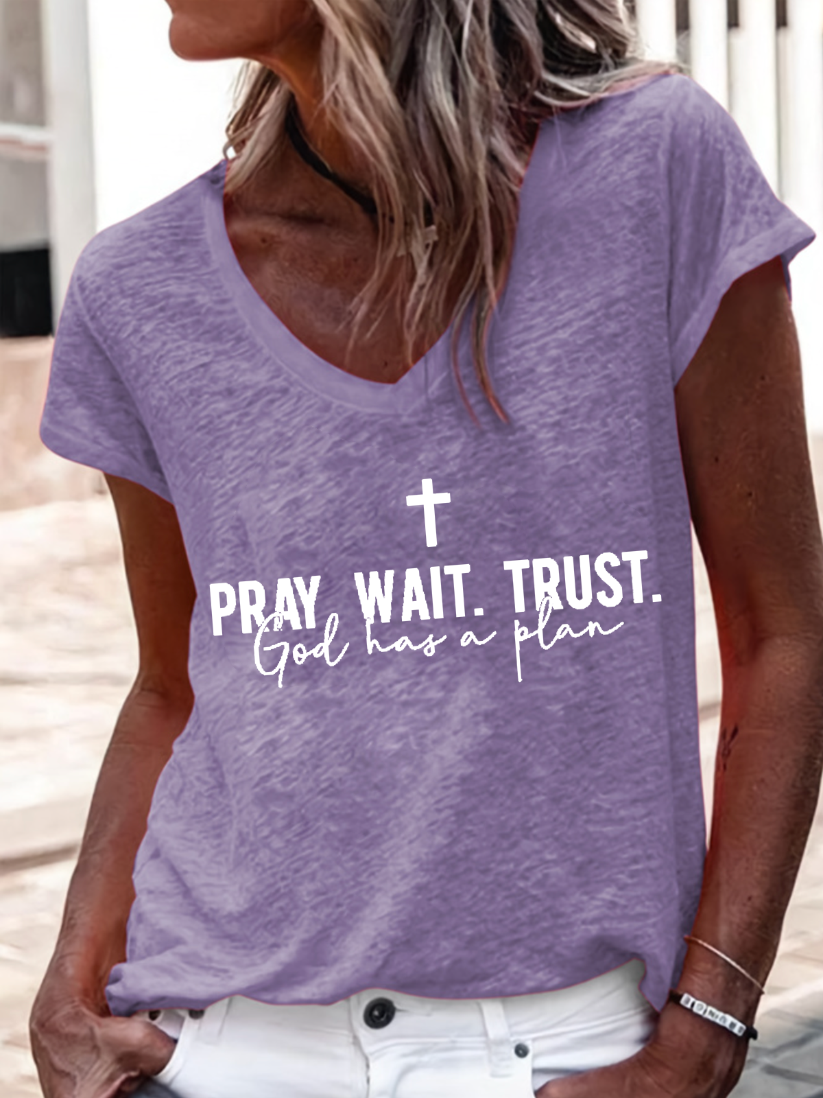 Women's Pray Wait Trust V Neck Casual Regular Fit T-Shirt