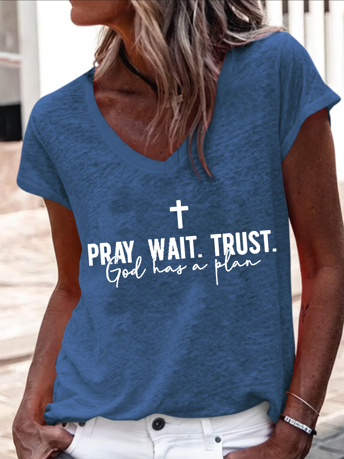 Women's Pray Wait Trust V Neck Casual Regular Fit T-Shirt