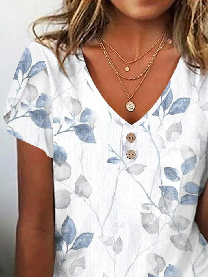 V Neck Casual Leaf Buckle T-Shirt