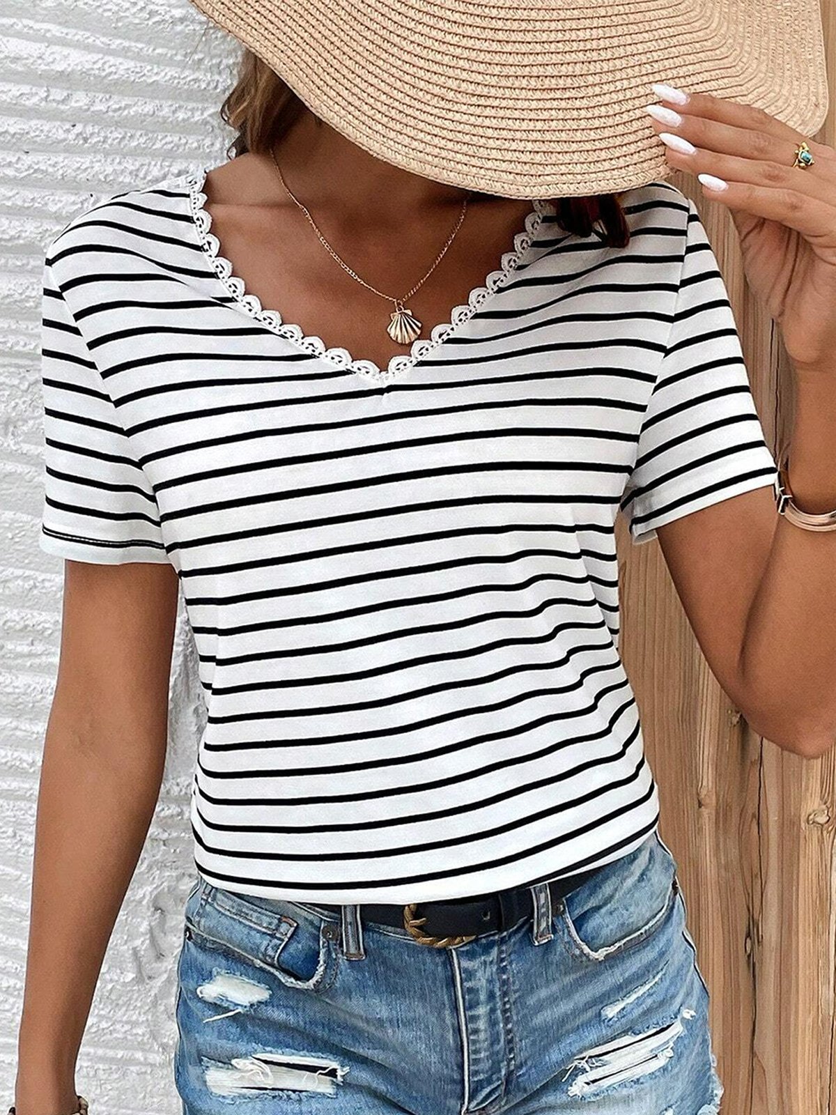 Women's Short Sleeve Tee Summer Striped Lace Hollow out V Neck Going Out Elegant Top White Red