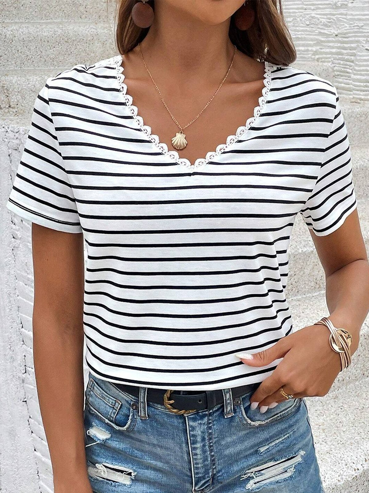 Women's Short Sleeve Tee Summer Striped Lace Hollow out V Neck Going Out Elegant Top White Red