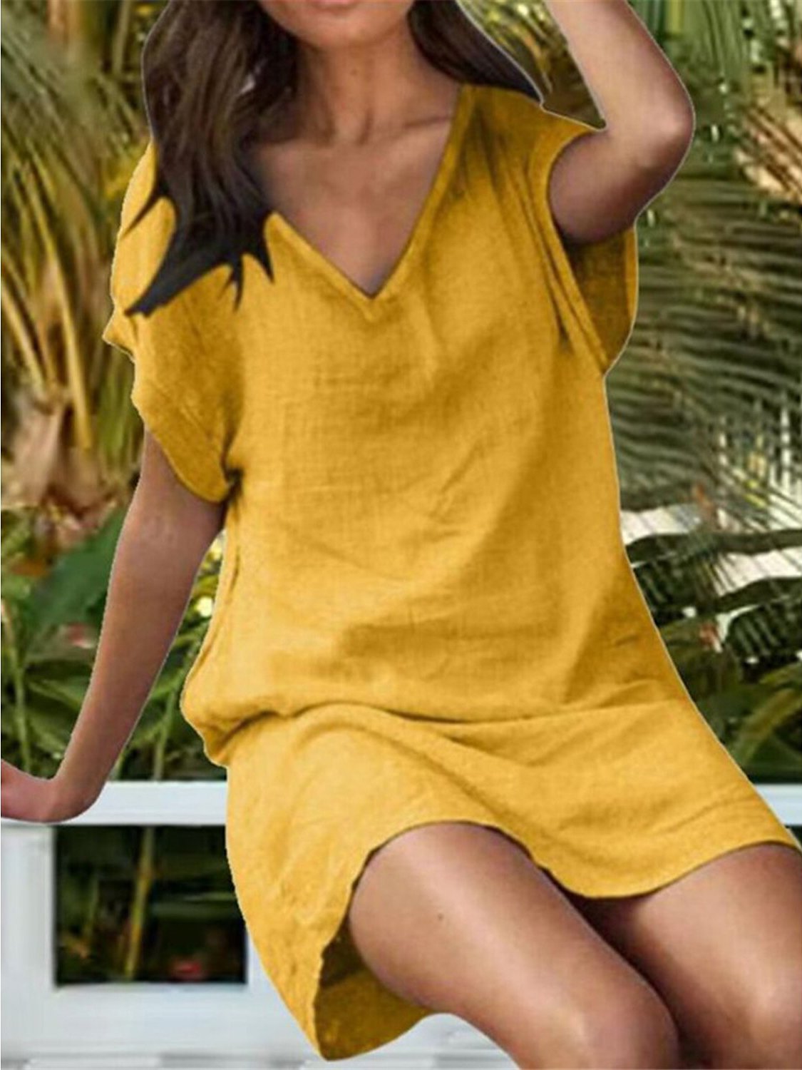 Casual V Neck Cotton Loose Dress