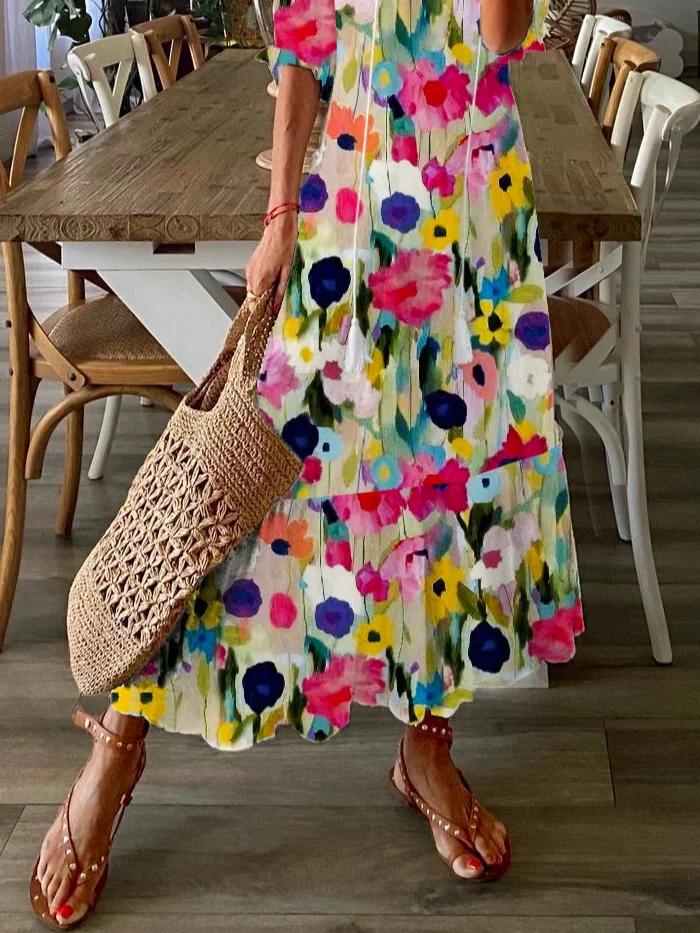 Casual Floral V Neck Loose Dress