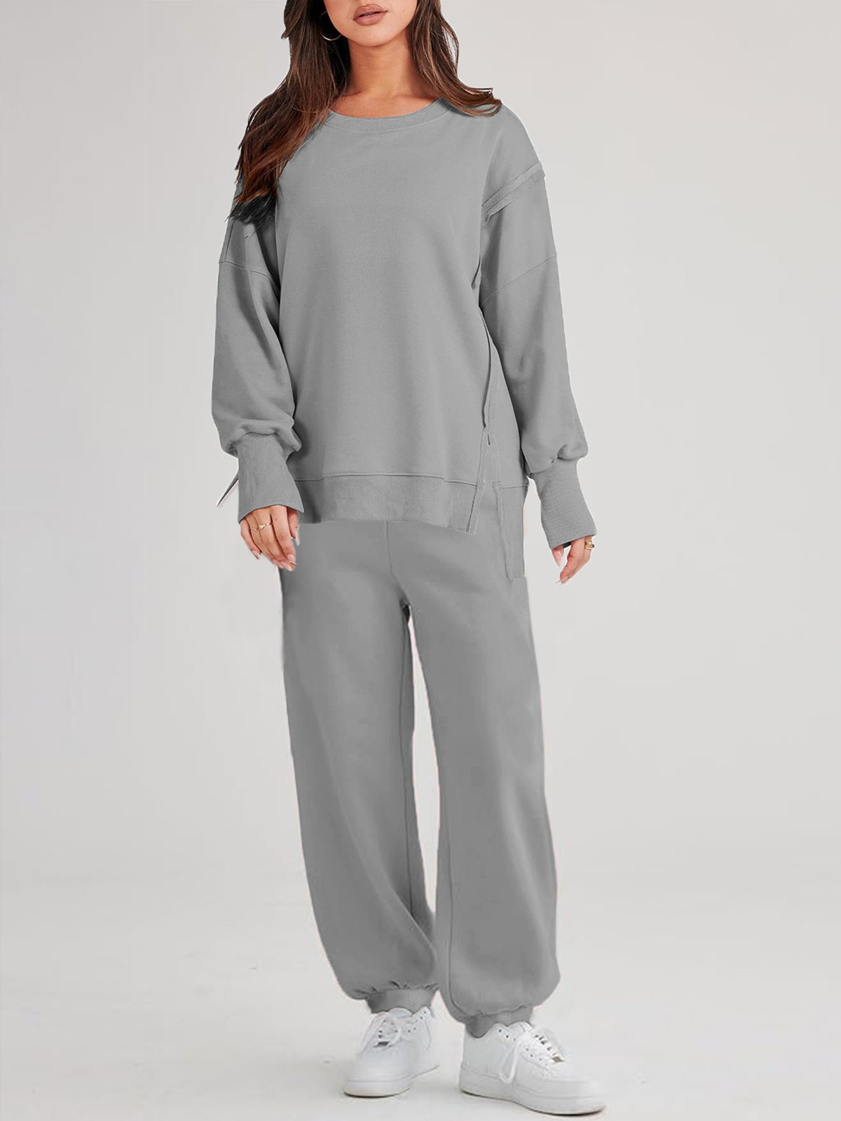 Plain Crew Neck Casual Loose Two-Piece Set