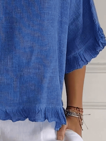 Women's Half Sleeve Shirt Summer Blue Plain Ruffle Cotton Crew Neck Dolman Sleeve Daily Simple Top