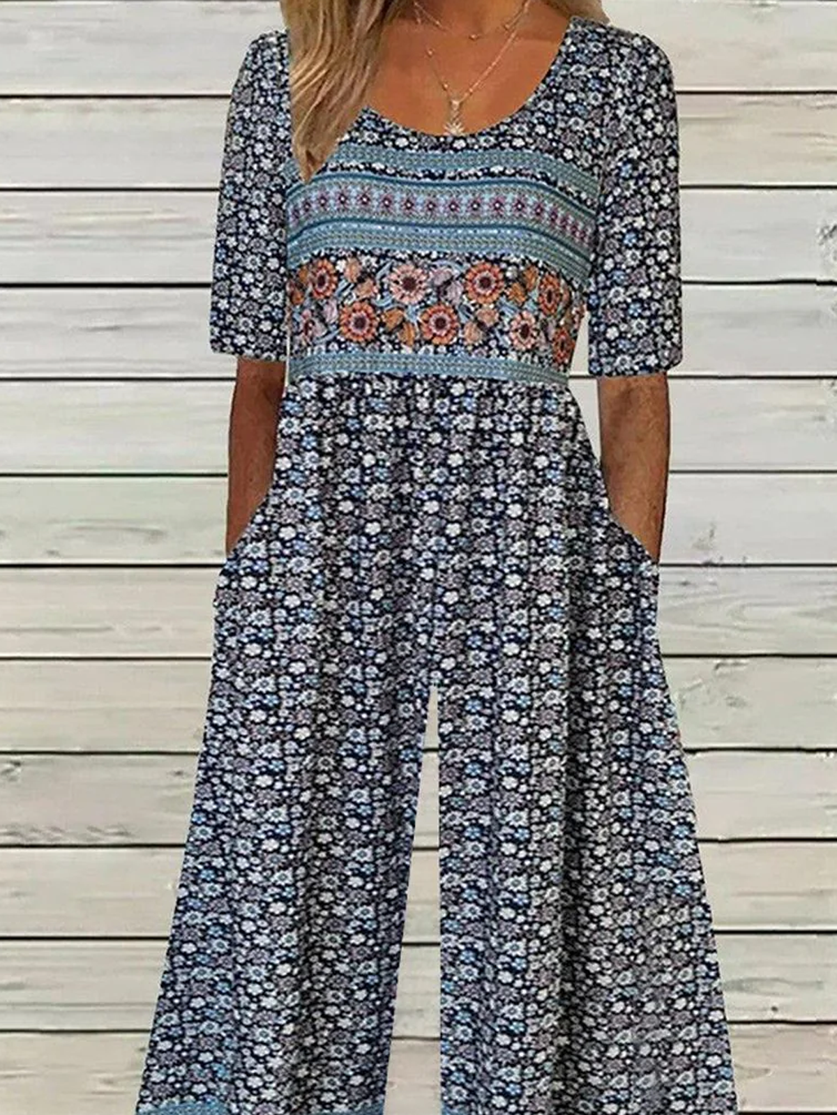 Small Floral Crew Neck Loose Casual Jumpsuit