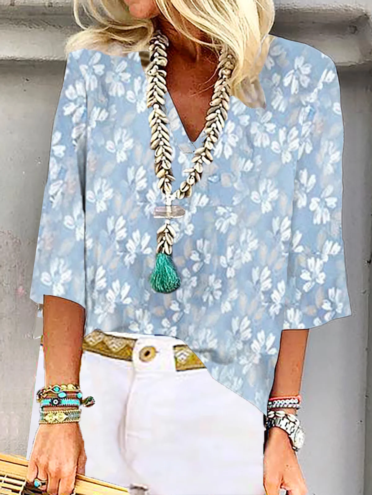 Loose Casual V Neck Floral Shirt