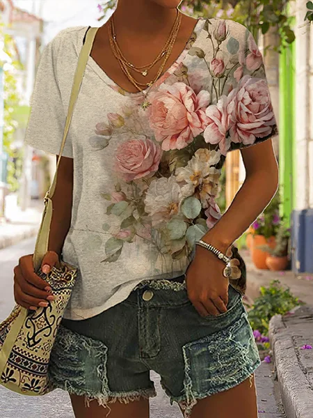 V Neck Casual Floral T-Shirt