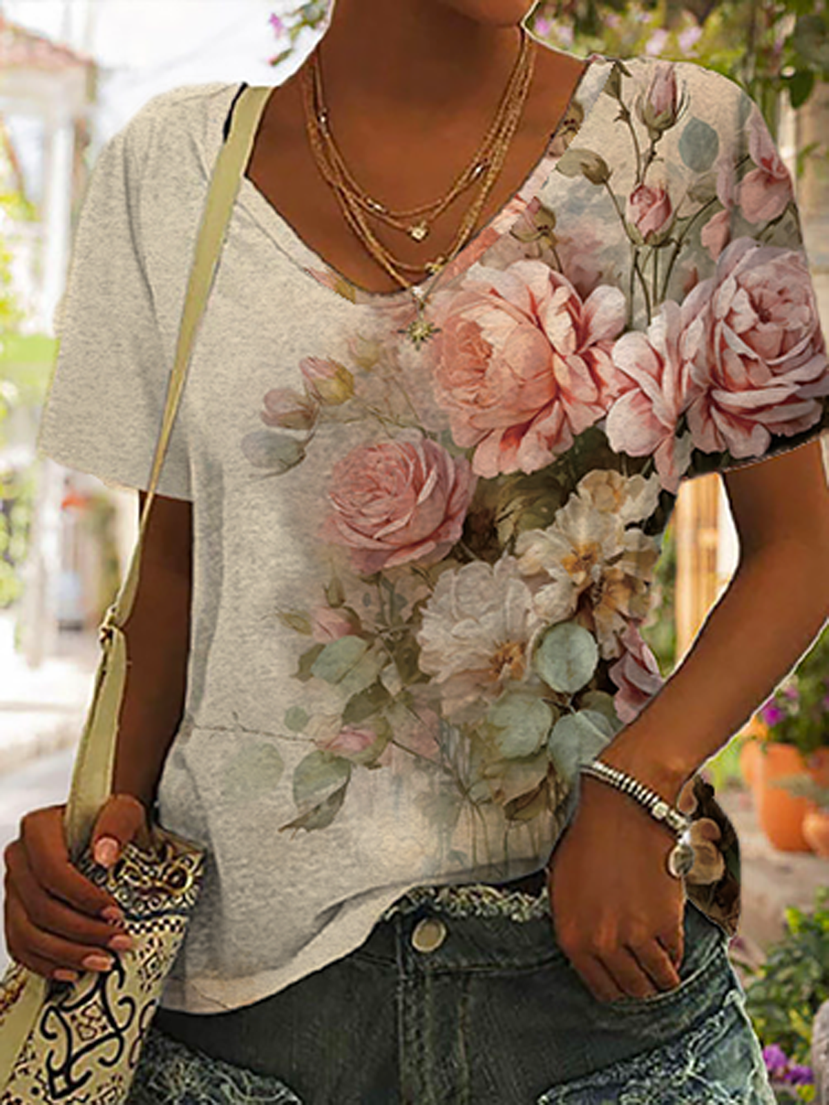 V Neck Casual Floral T-Shirt