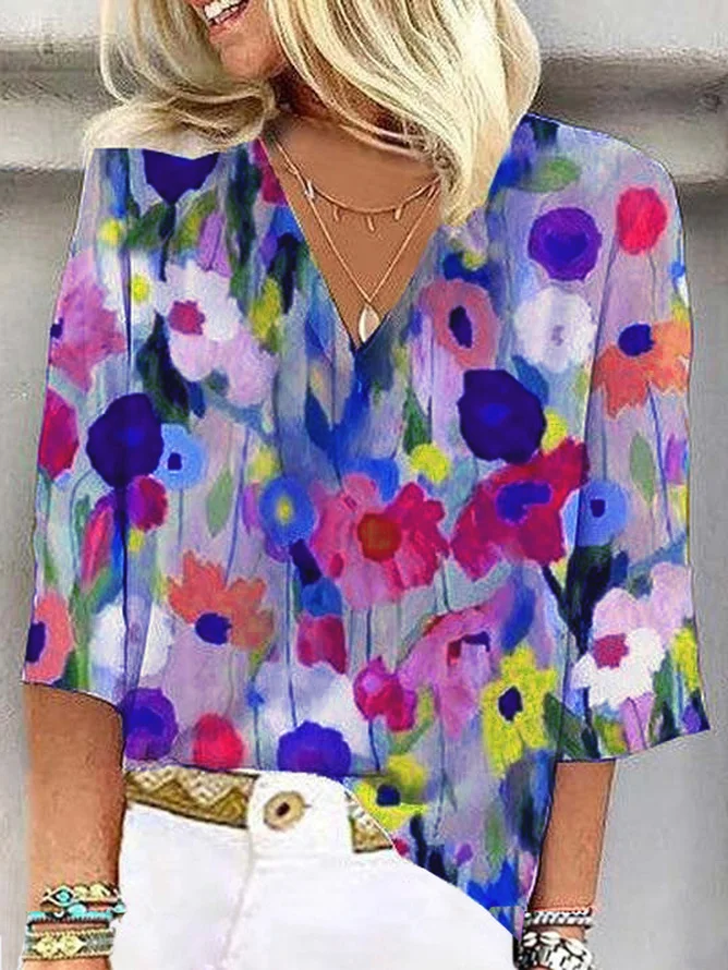 V Neck Casual Floral Loose Shirt