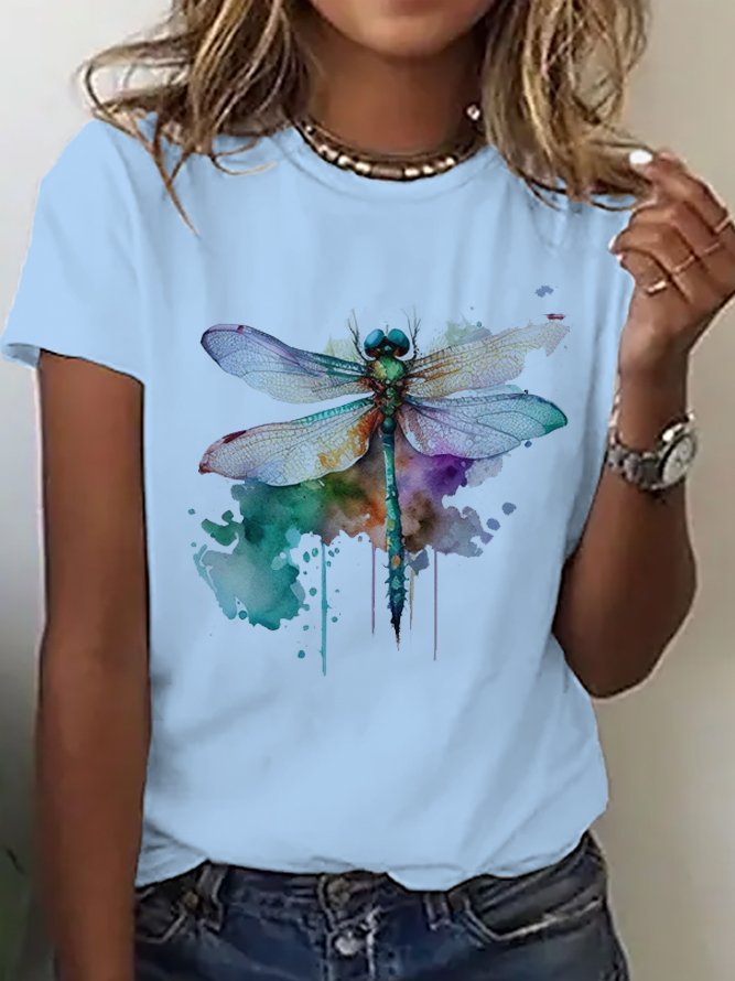 Casual Crew Neck Cotton Dragonfly T-Shirt