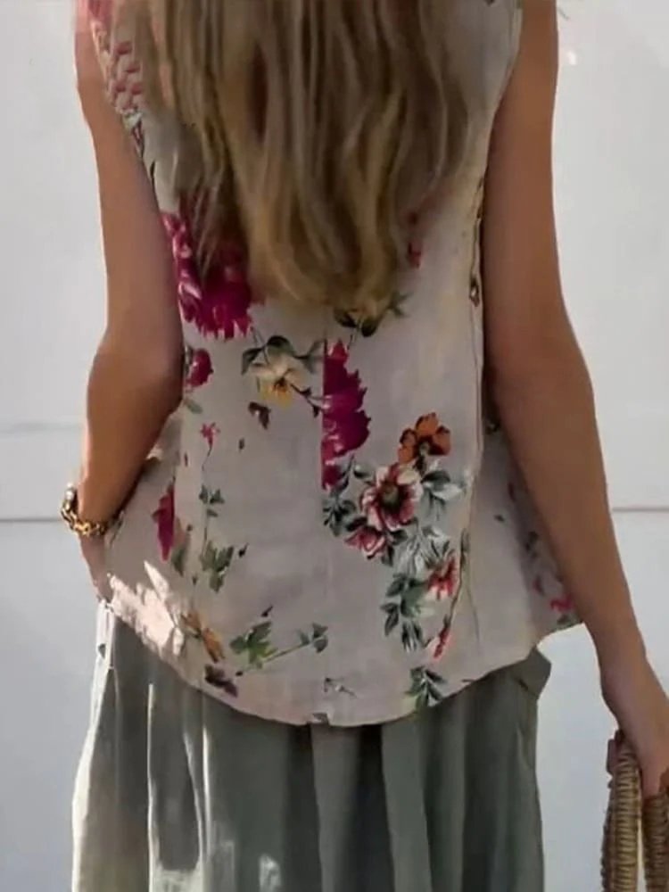 Loose Floral Vacation Crew Neck Tank Top