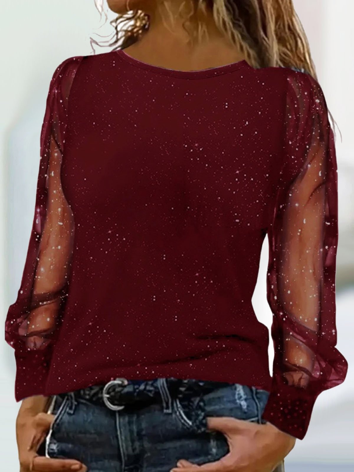 Casual Loose Mesh Crew Neck Blouse