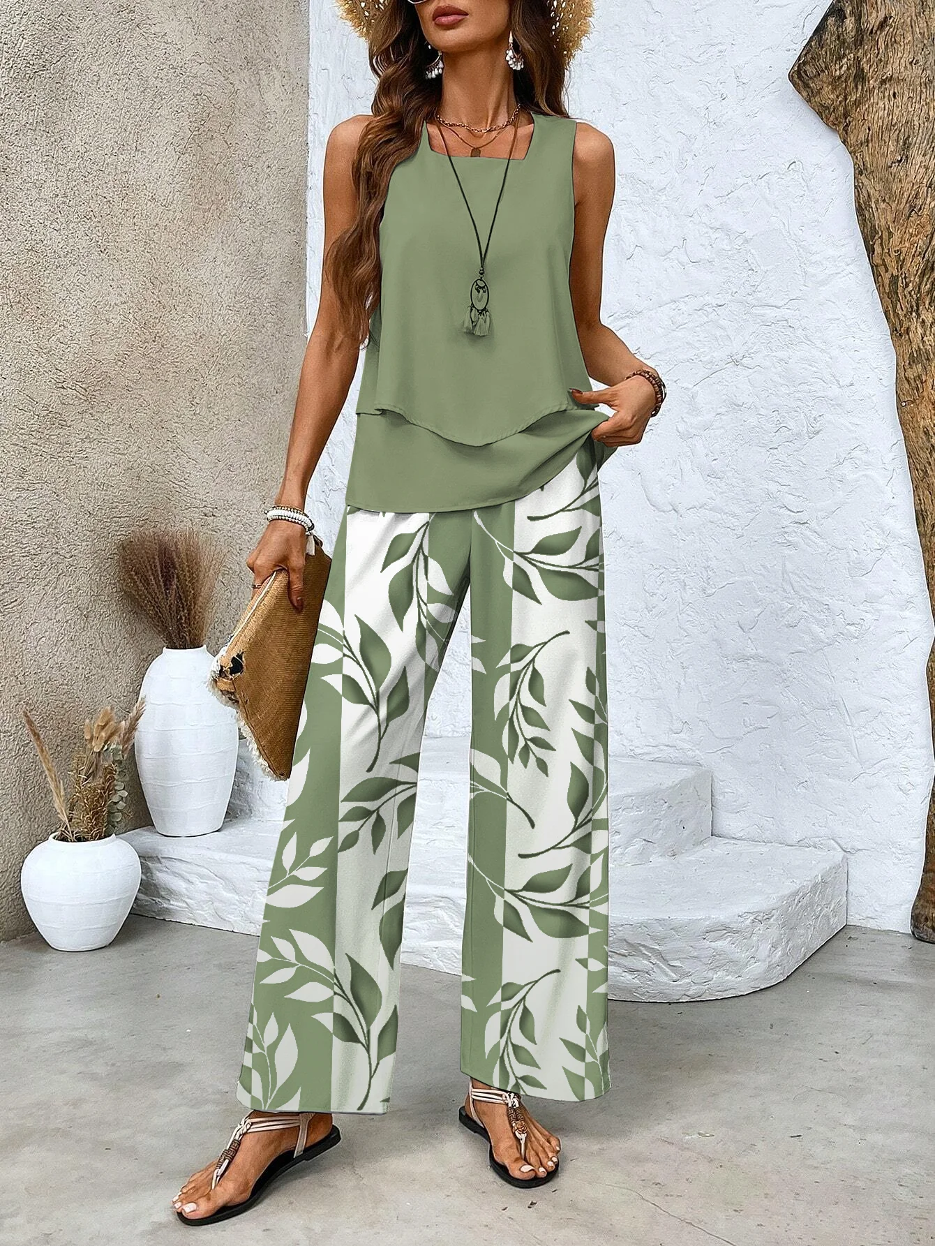 Women's Leaf Daily Going Out Two-Piece Set Casual Summer Top With Pants Matching Set