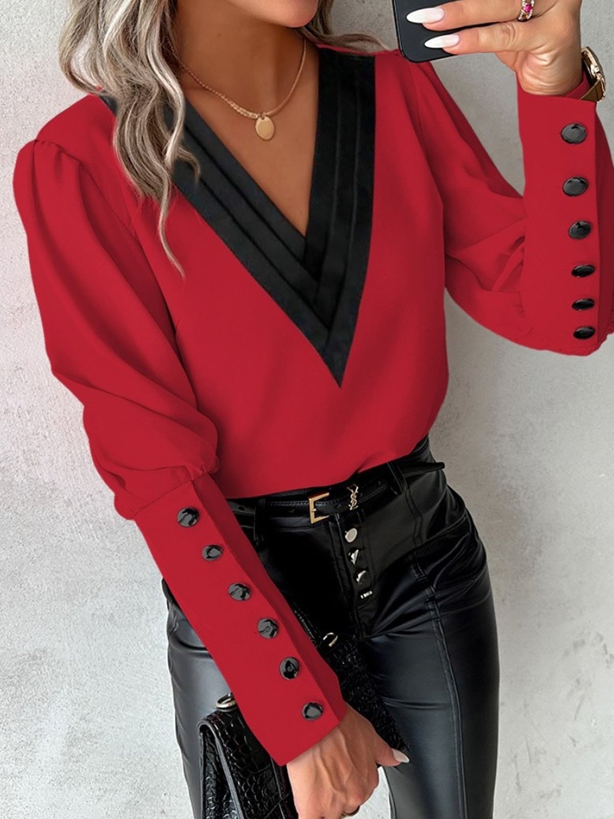 Casual Color Block V Neck Blouse