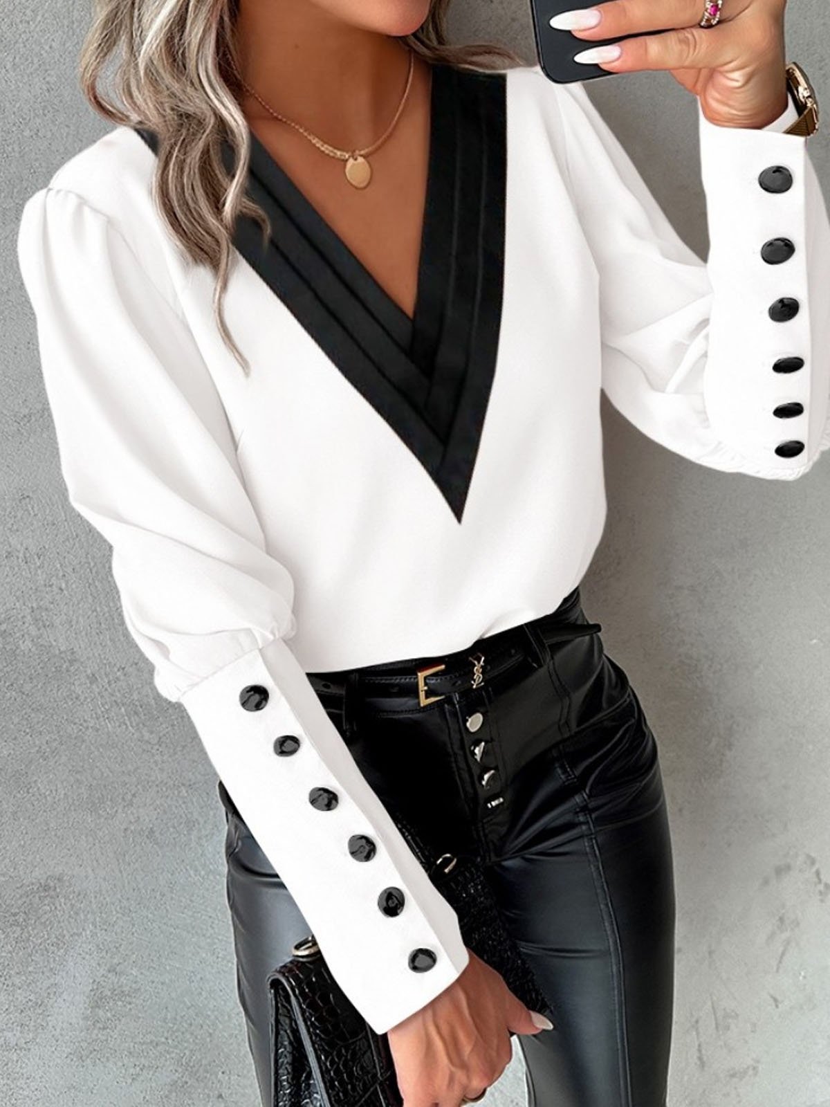 Casual Color Block V Neck Blouse