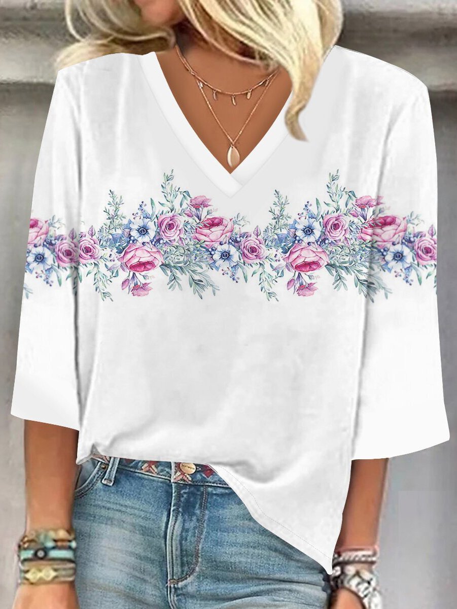 V Neck Floral Loose Casual Blouse