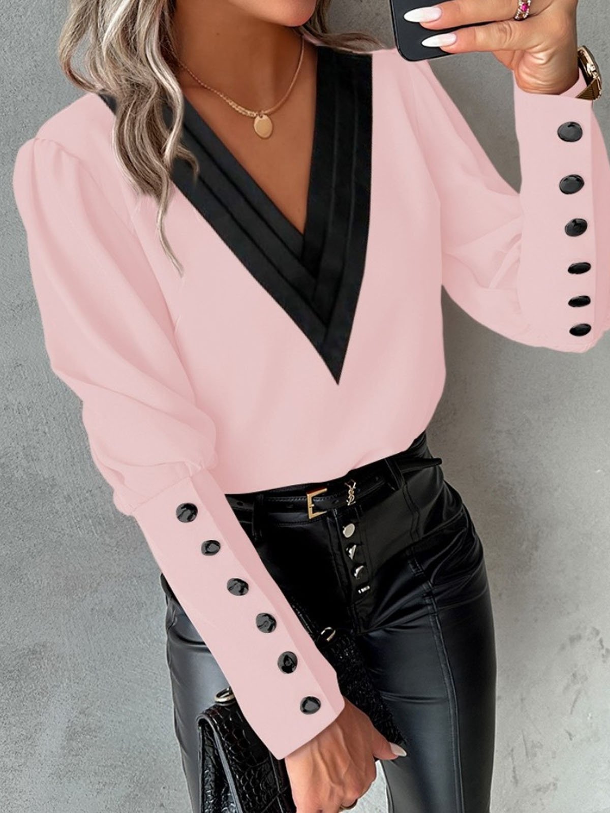 Casual Color Block V Neck Blouse