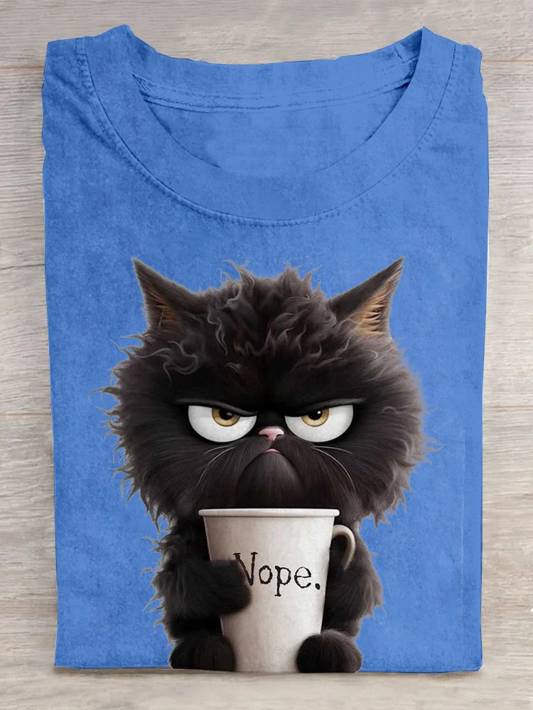 Loose Crew Neck Cat Casual T-Shirt