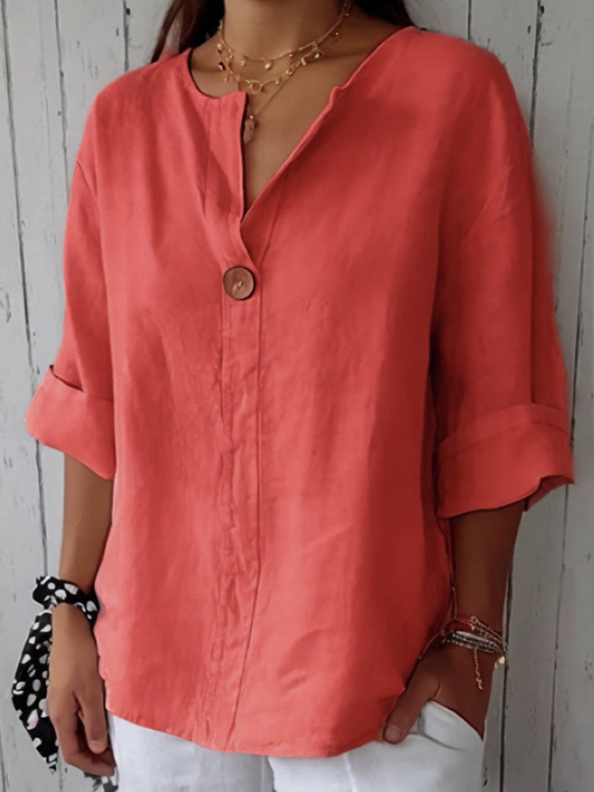 Cotton Loose V Neck Casual Blouse