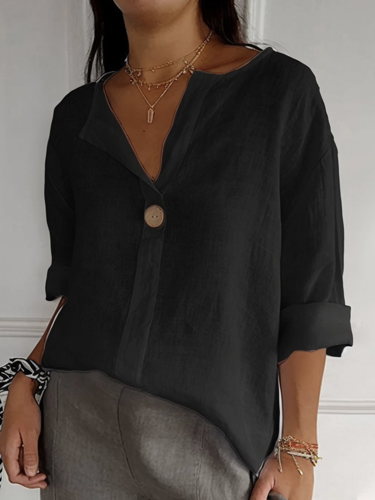 Cotton Loose V Neck Casual Blouse