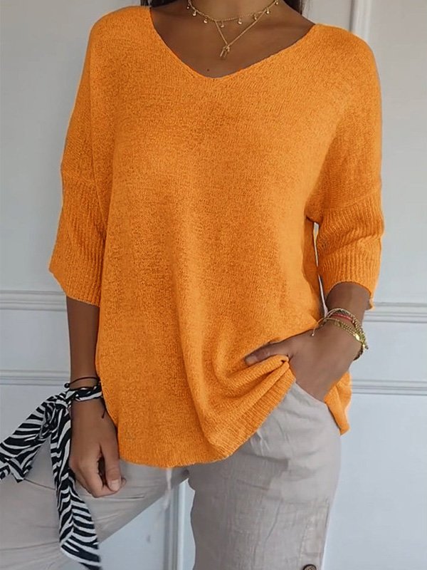 Yarn/Wool Yarn Casual V Neck Plain Sweater