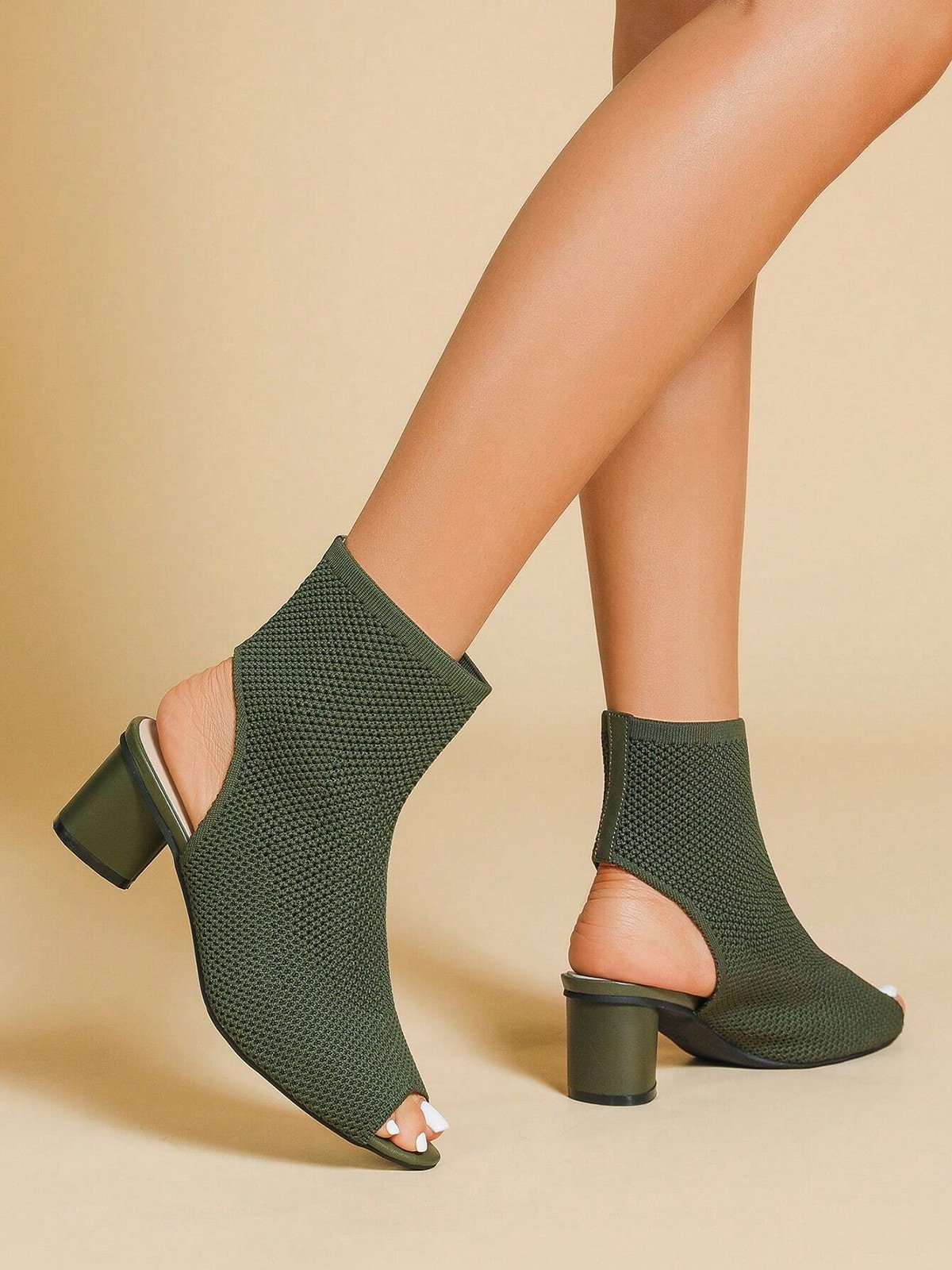 Minimalist Breathable Mesh Fabric Peep Toe Chunky Heel Boots