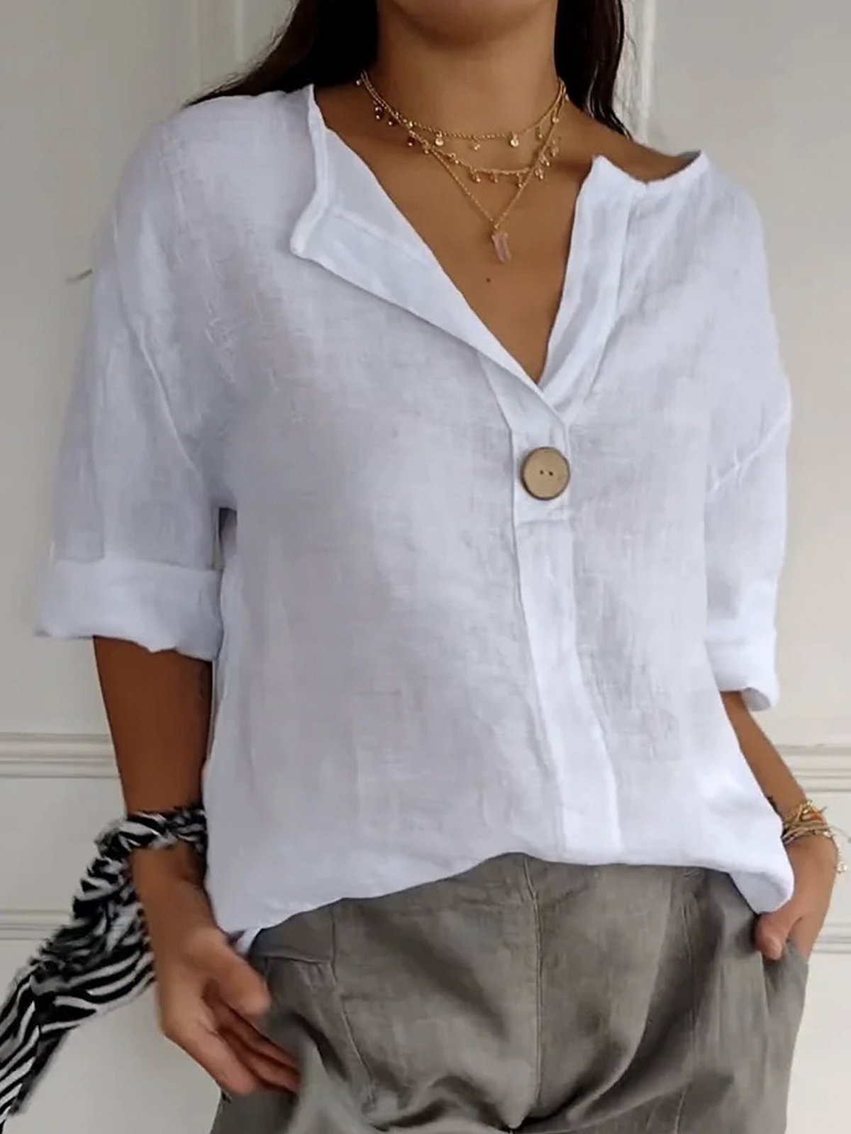 Cotton Loose V Neck Casual Blouse