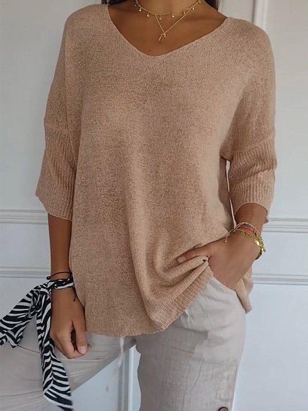 Yarn/Wool Yarn Casual V Neck Plain Sweater