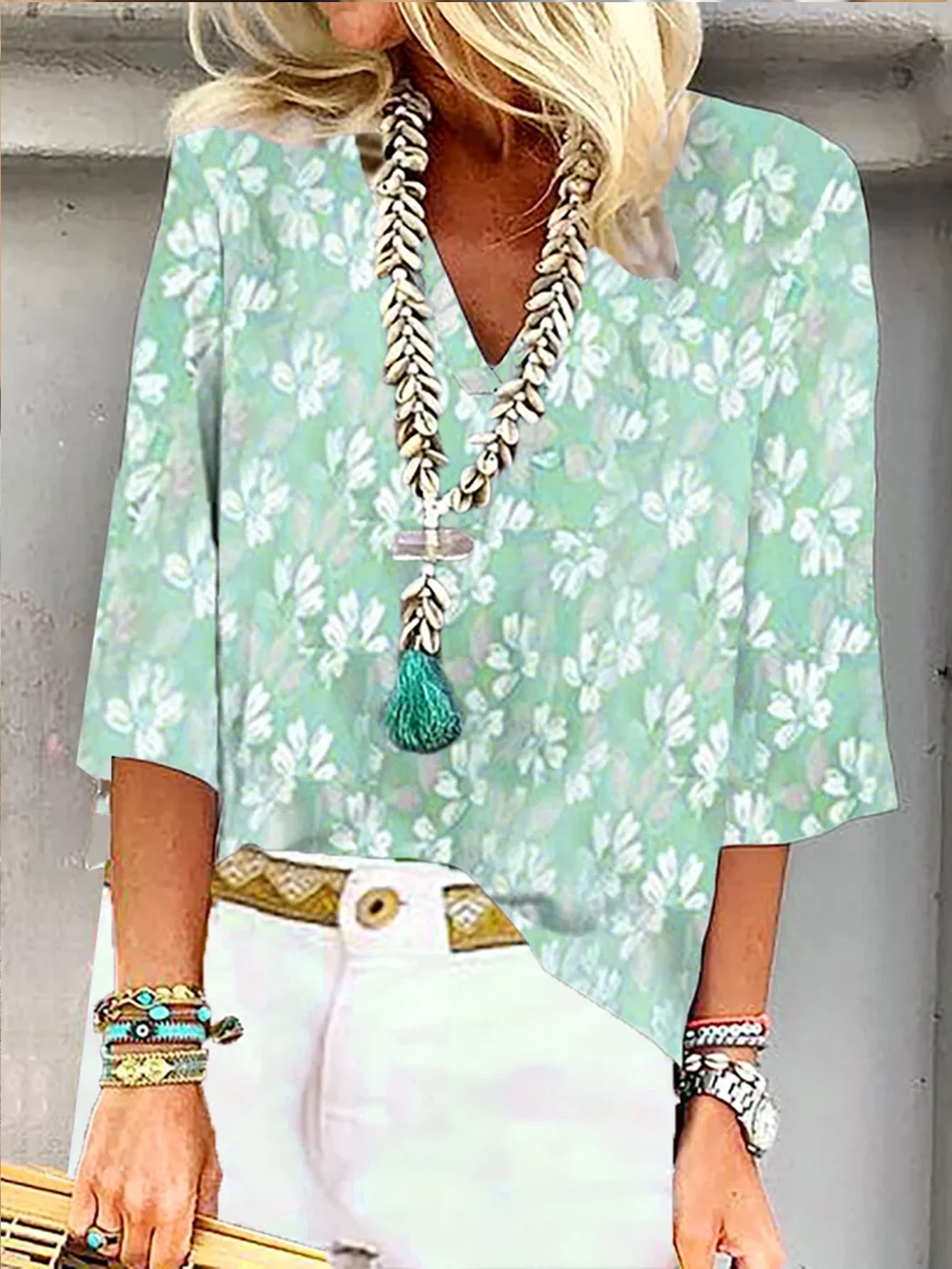 Loose Casual V Neck Floral Shirt