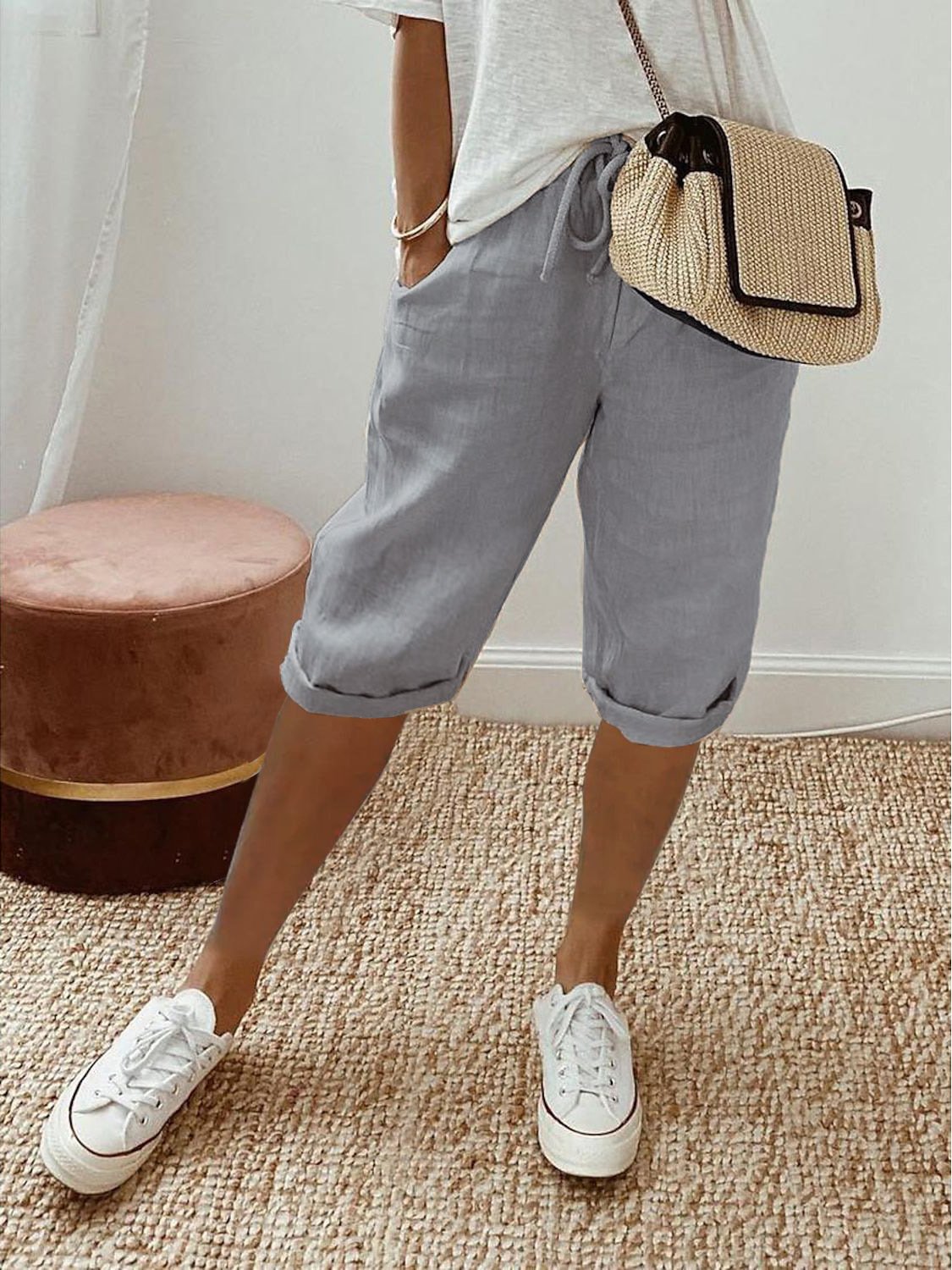 Casual Pocket Stitching Plain Loose Pants