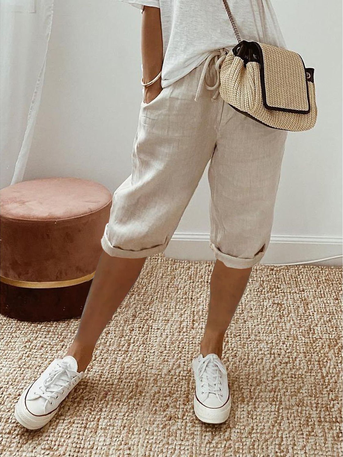 Casual Pocket Stitching Plain Loose Pants