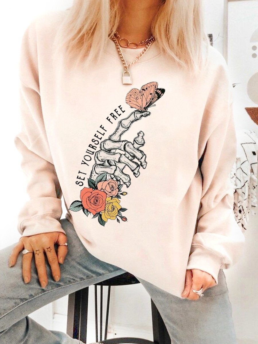 Set Yourself Free Encourage Slogan And Skeleton Hand Cotton Sweatshirt