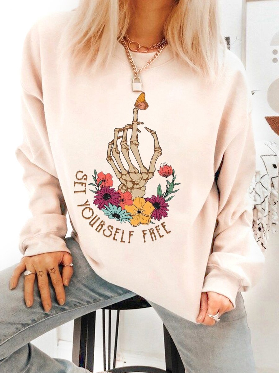 Set Yourself Free Encourage Slogan Skeleton Hand Cotton Sweatshirt