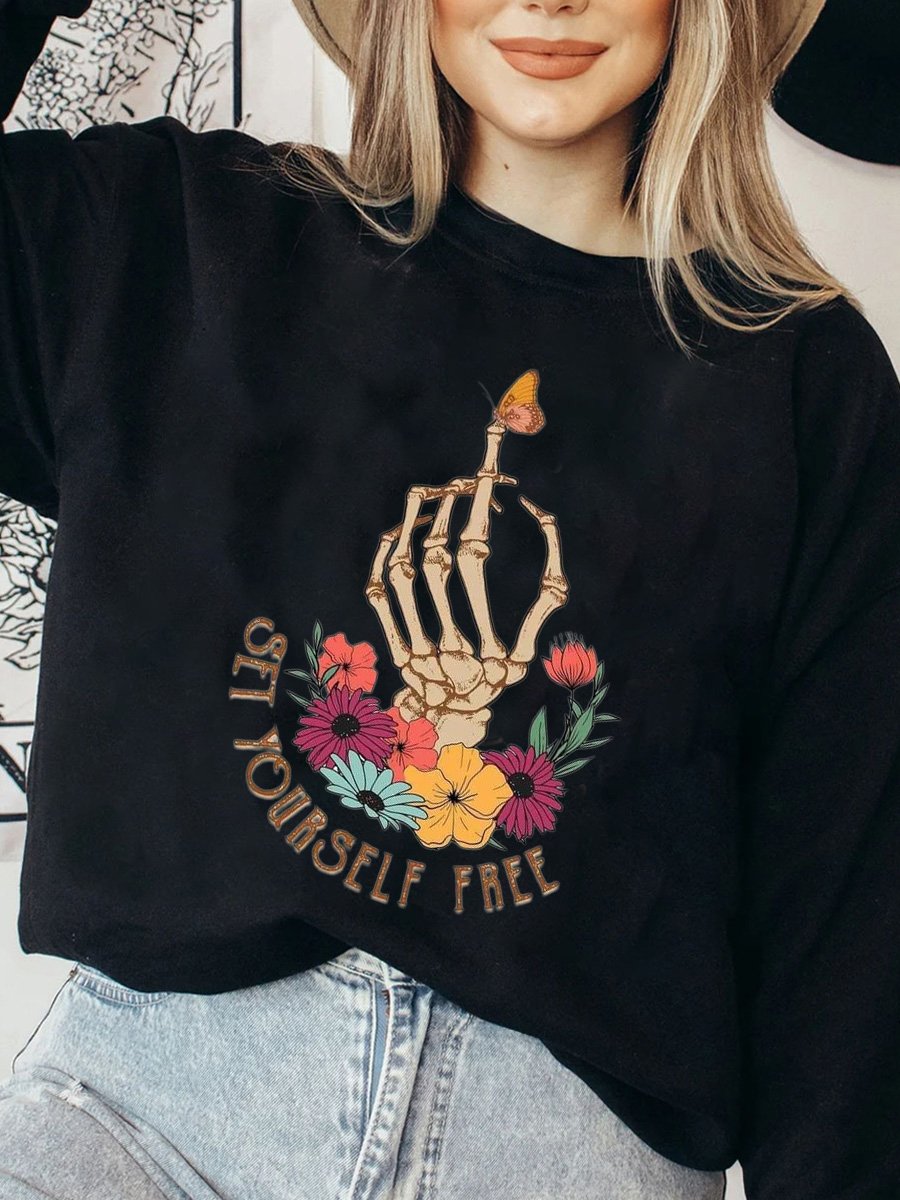 Set Yourself Free Encourage Slogan Skeleton Hand Cotton Sweatshirt