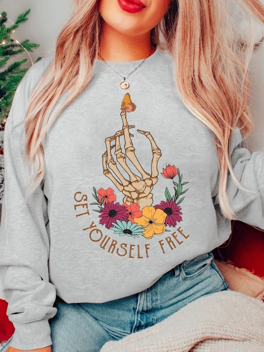 Set Yourself Free Encourage Slogan Skeleton Hand Cotton Sweatshirt