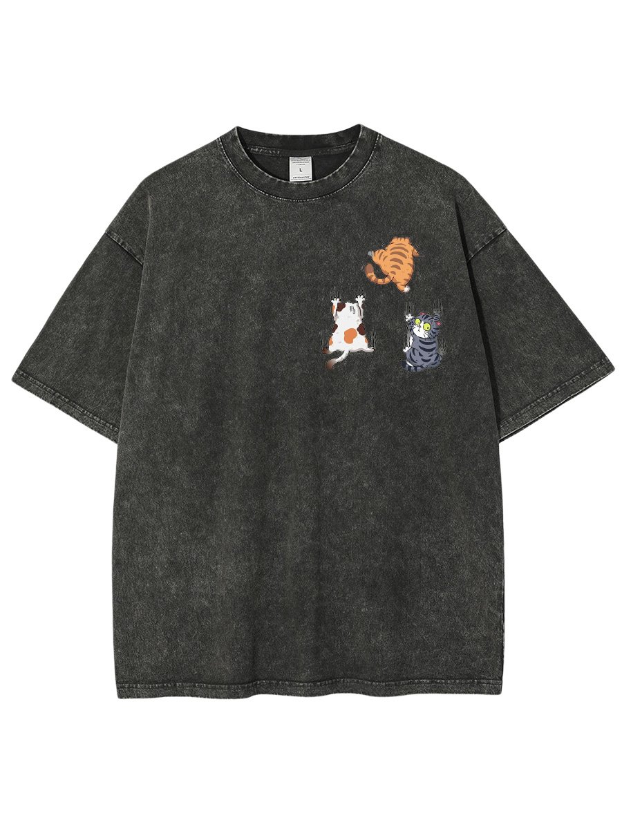 Cute Climbing Cats Distressing Washed Cotton Short Sleeve T Shirt