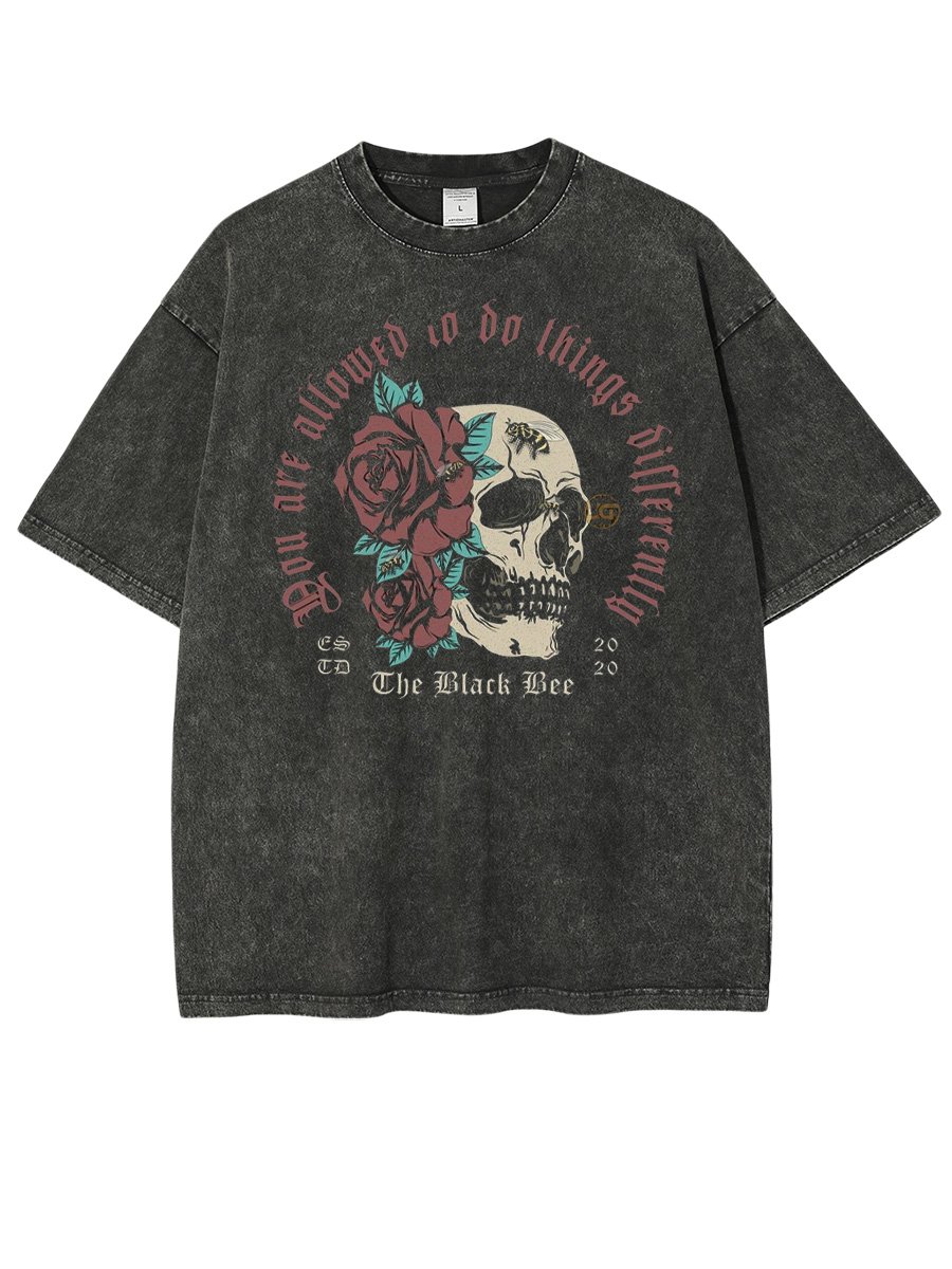 You Are Allowed To Do Things Differently Encourage Slogan With Rose Skull Distressing Washed Cotton T Shirt