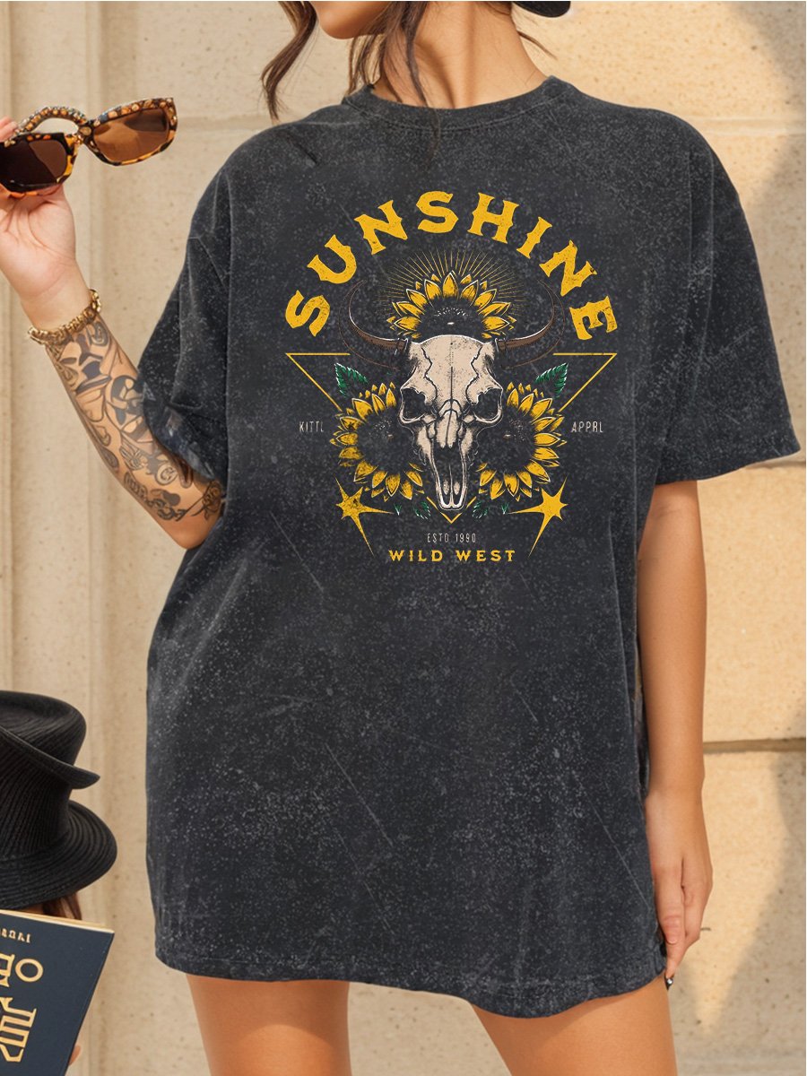 Sunshine Sunflower Constellation Aries Skull Printed Distressing Washed Cotton Short Sleeve T Shirt