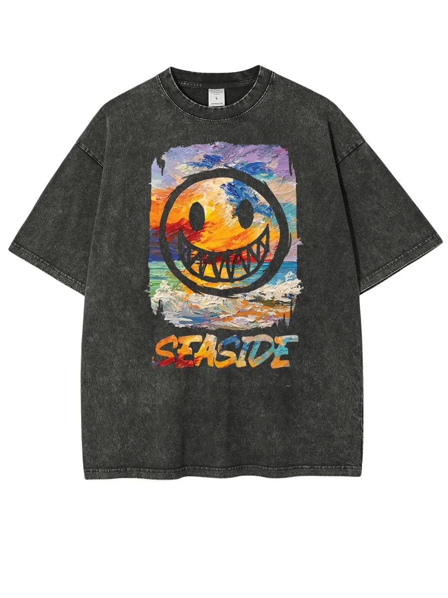 Sea Side Smile Scenery Landscape Oil Painting Distressing Cotton Short Sleeve T Shirt