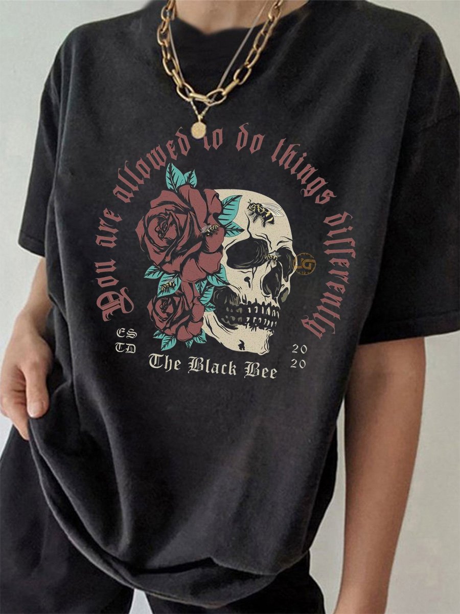 You Are Allowed To Do Things Differently Encourage Slogan With Rose Skull Distressing Washed Cotton T Shirt