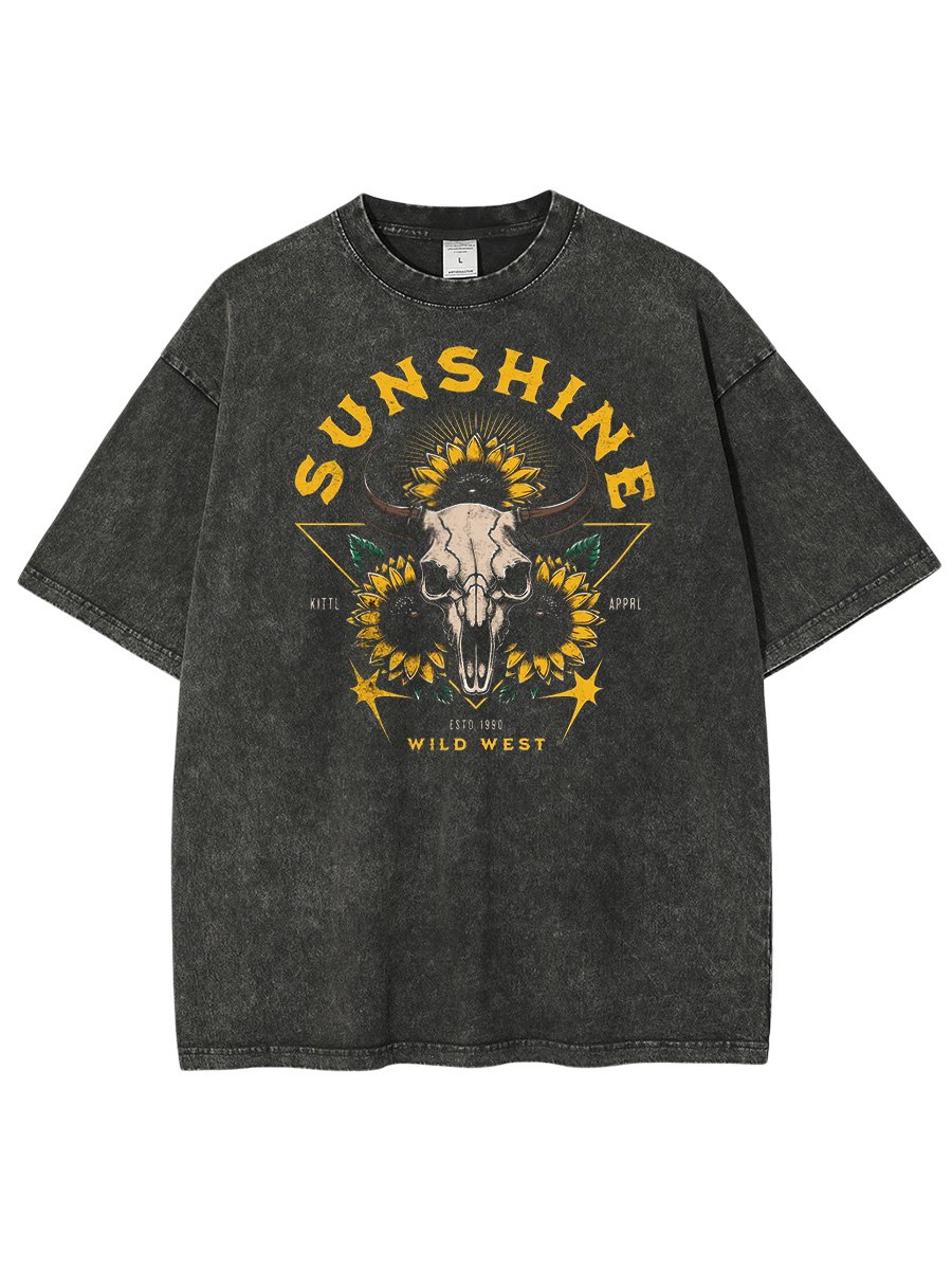 Sunshine Sunflower Constellation Aries Skull Printed Distressing Washed Cotton Short Sleeve T Shirt