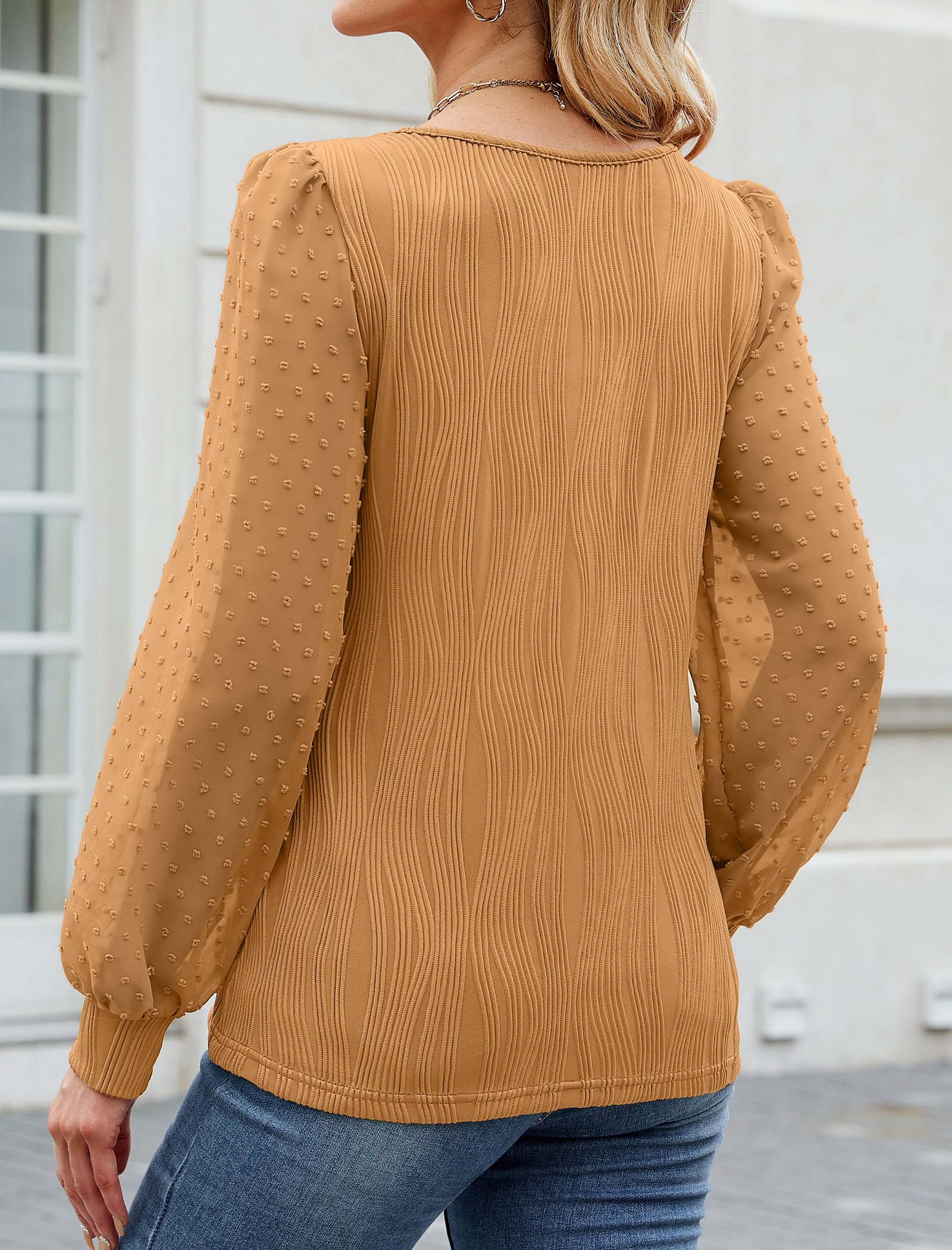 Women's Long Sleeve Shirt Spring/Fall Camel Plain Square Neck Puff Sleeve Daily Going Out Casual Top