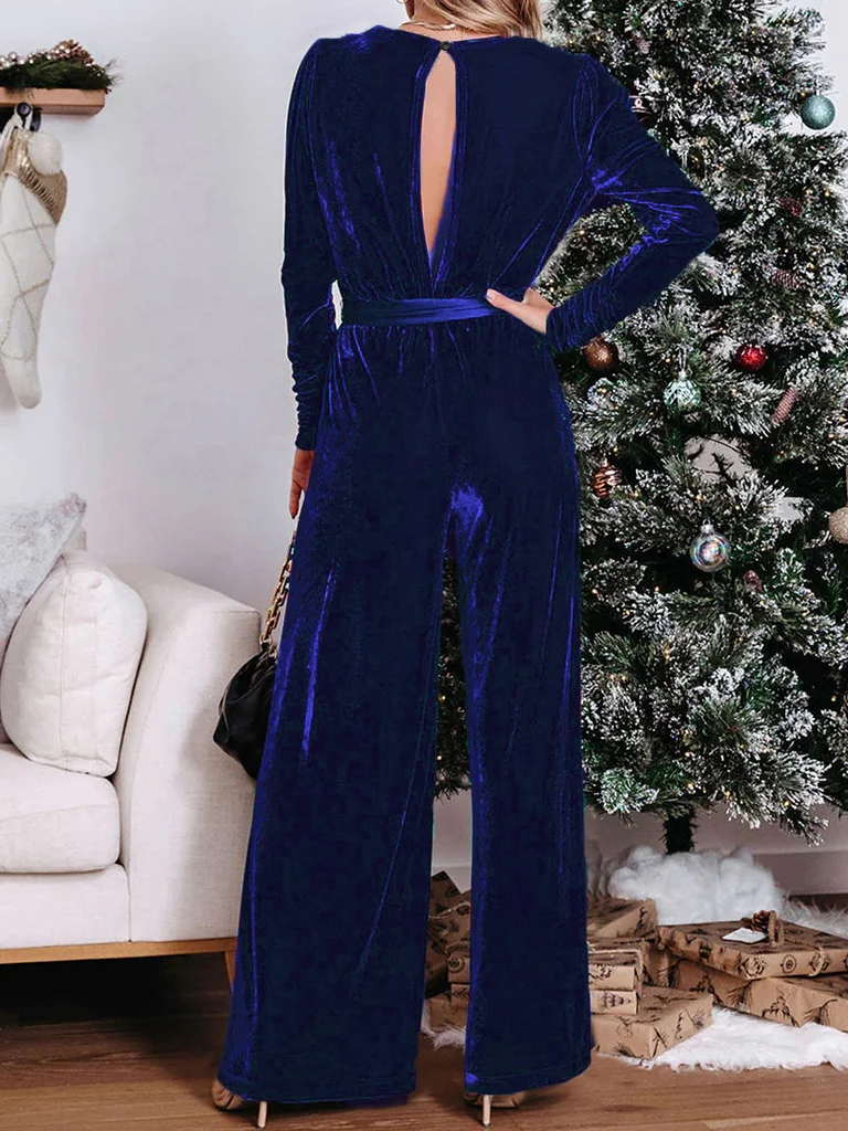 V Neck Velvet Casual Jumpsuit